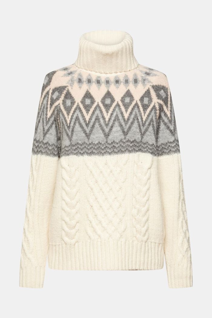 Jacquard knit roll neck jumper with wool, OFF WHITE, detail image number 6