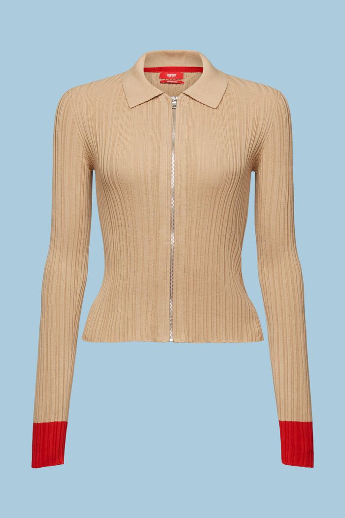 Seamless Rib-Knit Polo Cardigan, BEIGE, detail image number 6