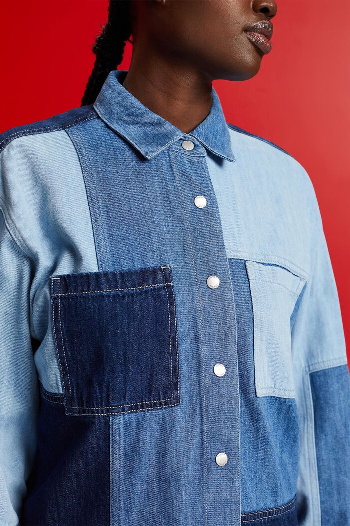 Patchwork jeans shirt, cotton blend, BLUE LIGHT WASHED, detail image number 2