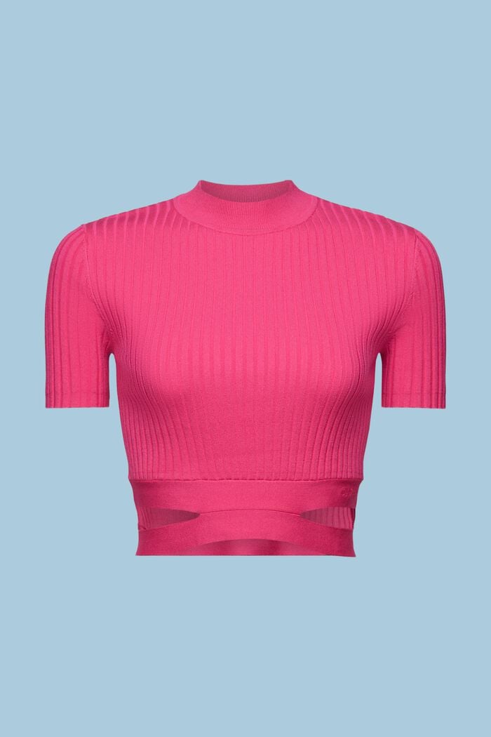 Tie Detail Ribbed Knit Cropped Top, PINK FUCHSIA, detail image number 6