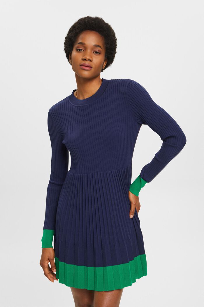 Pleated mini dress with long-sleeves & crewneck, DARK BLUE, detail image number 0