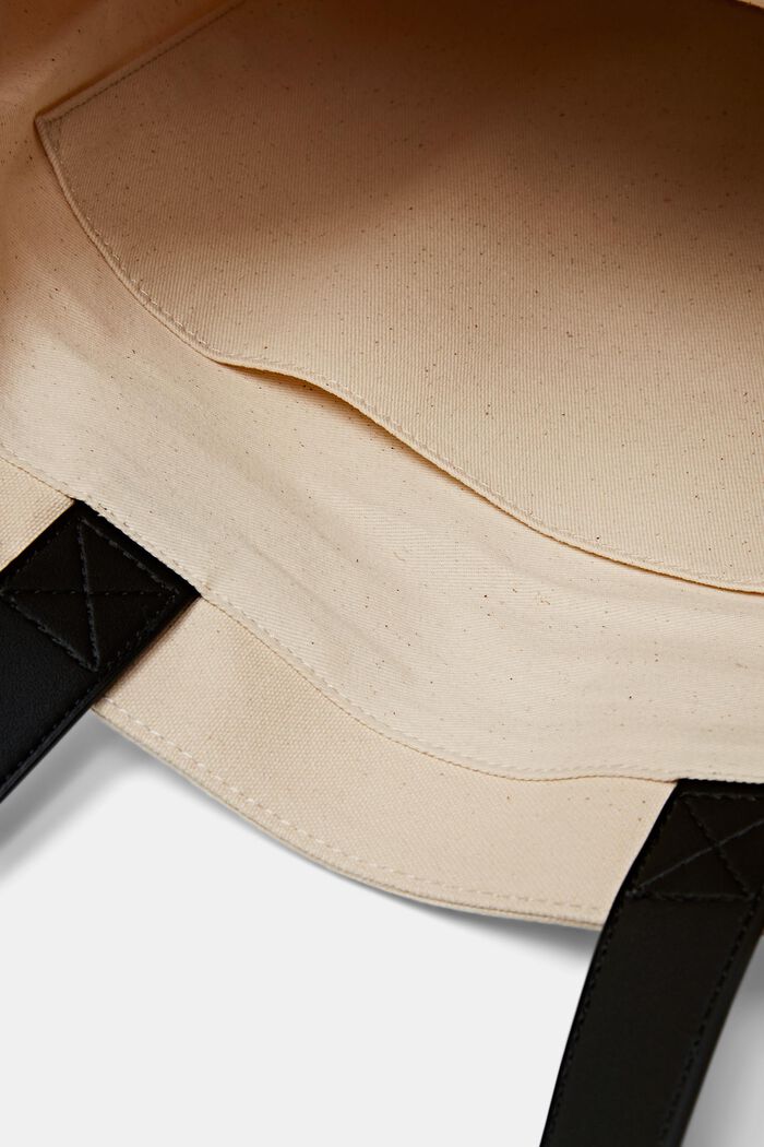 Vegan Leather Trimmed Cotton-Canvas Tote, BLACK, detail image number 3