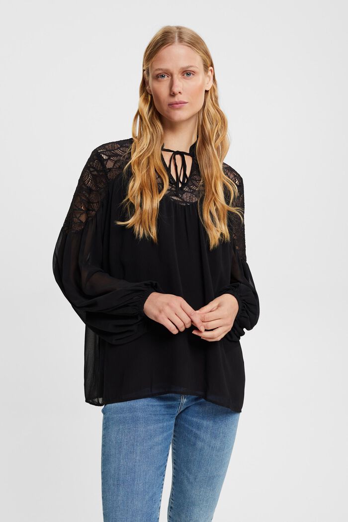 Chiffon blouse with lace, BLACK, detail image number 0