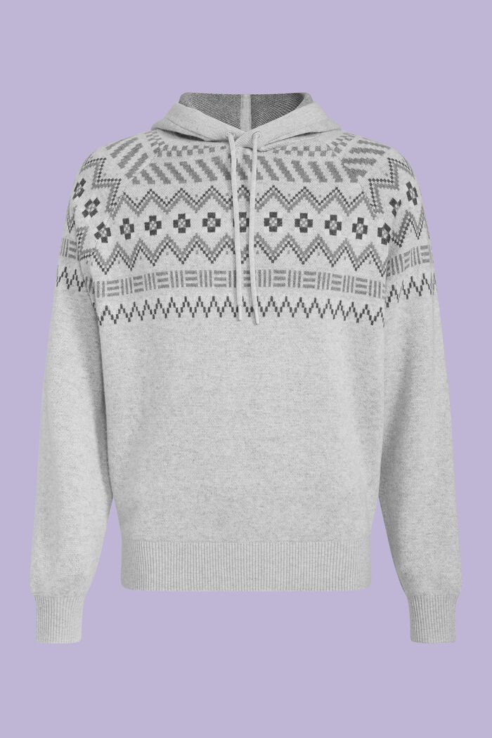 Wool Cashmere Fair Isle Sweater Hoodie, LIGHT GREY, detail image number 5