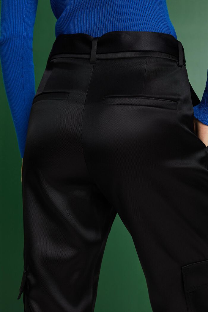 Satin Belted Cargo Pants, BLACK, detail image number 3