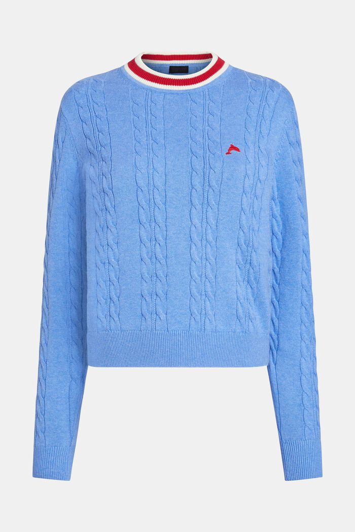 Dolphin Logo Cable Knit Sweater, LIGHT BLUE LAVENDER, detail image number 5