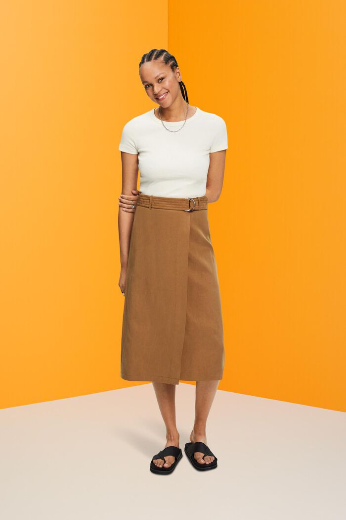 Linen blend midi skirt with belt, PALE KHAKI, detail image number 5