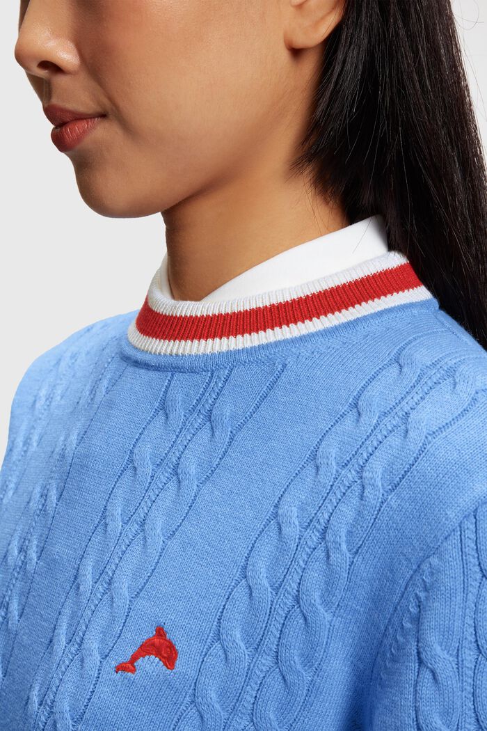 Dolphin Logo Cable Knit Sweater, LIGHT BLUE LAVENDER, detail image number 3