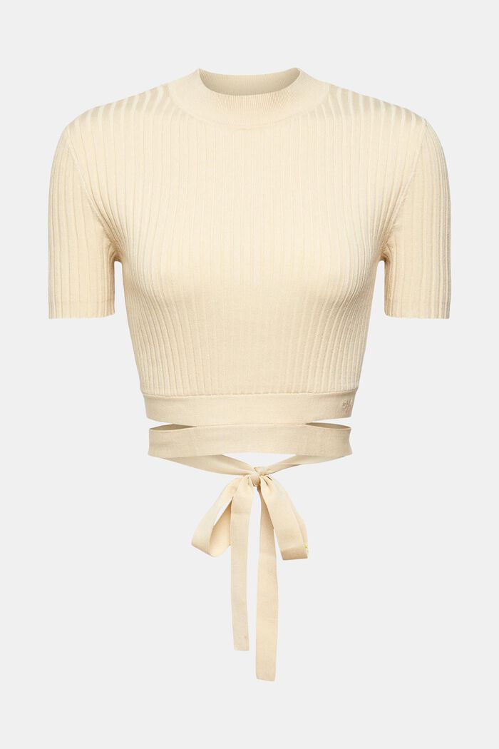Tie Detail Ribbed Knit Cropped Top, SAND, detail image number 2