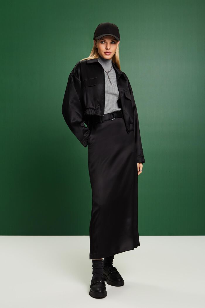 Satin Belted Maxi Skirt, BLACK, detail image number 5