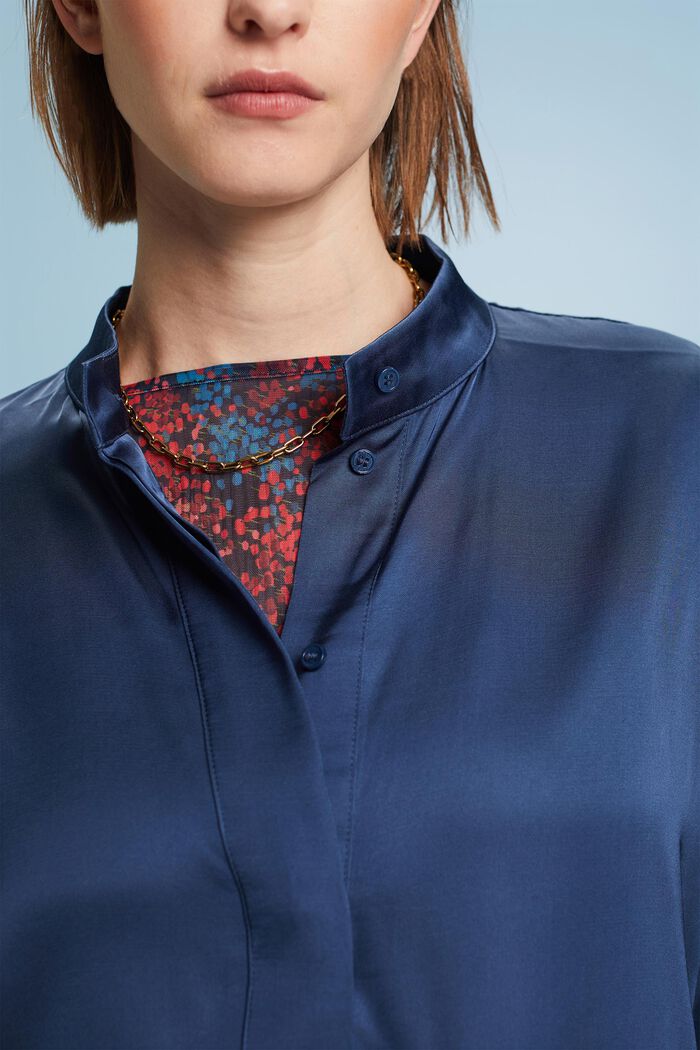 Button Front Satin Blouse, GREY BLUE, detail image number 1