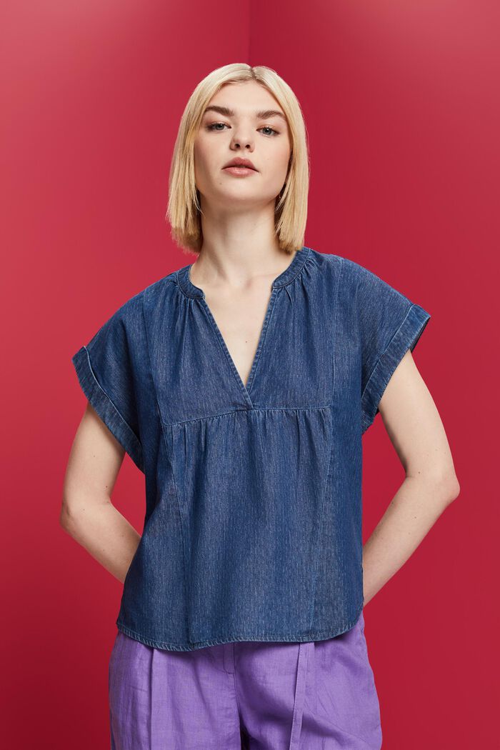 Lightweight denim blouse, 100% cotton, BLUE MEDIUM WASHED, detail image number 0