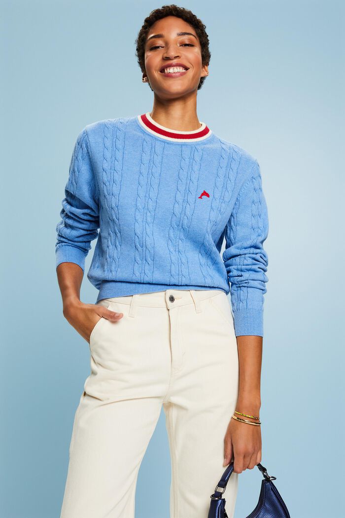 Dolphin Logo Cable Knit Sweater, LIGHT BLUE LAVENDER, detail image number 2