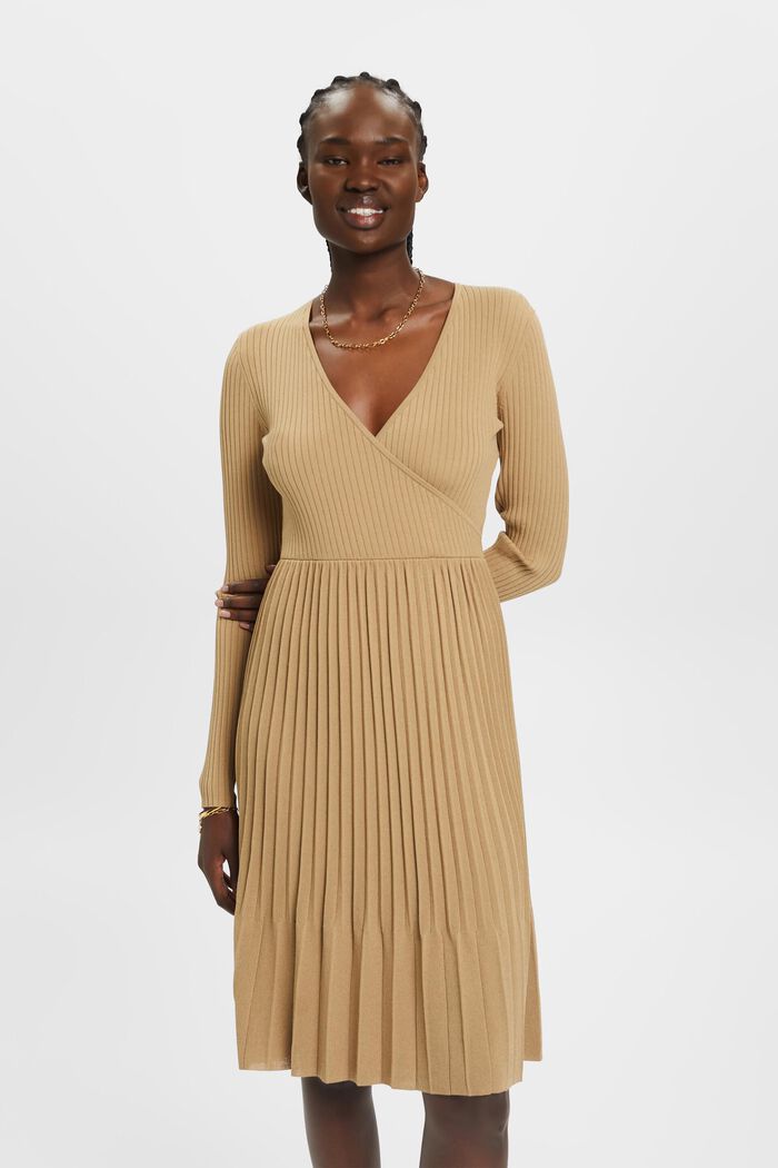 Pleated wrap dress with long-sleeves, KHAKI BEIGE, detail image number 0