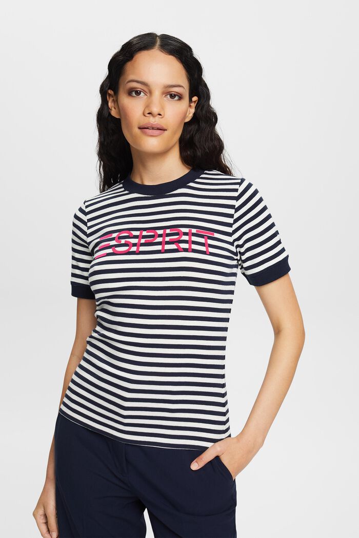 Logo-Print Striped Cotton T-Shirt, NAVY, detail image number 0