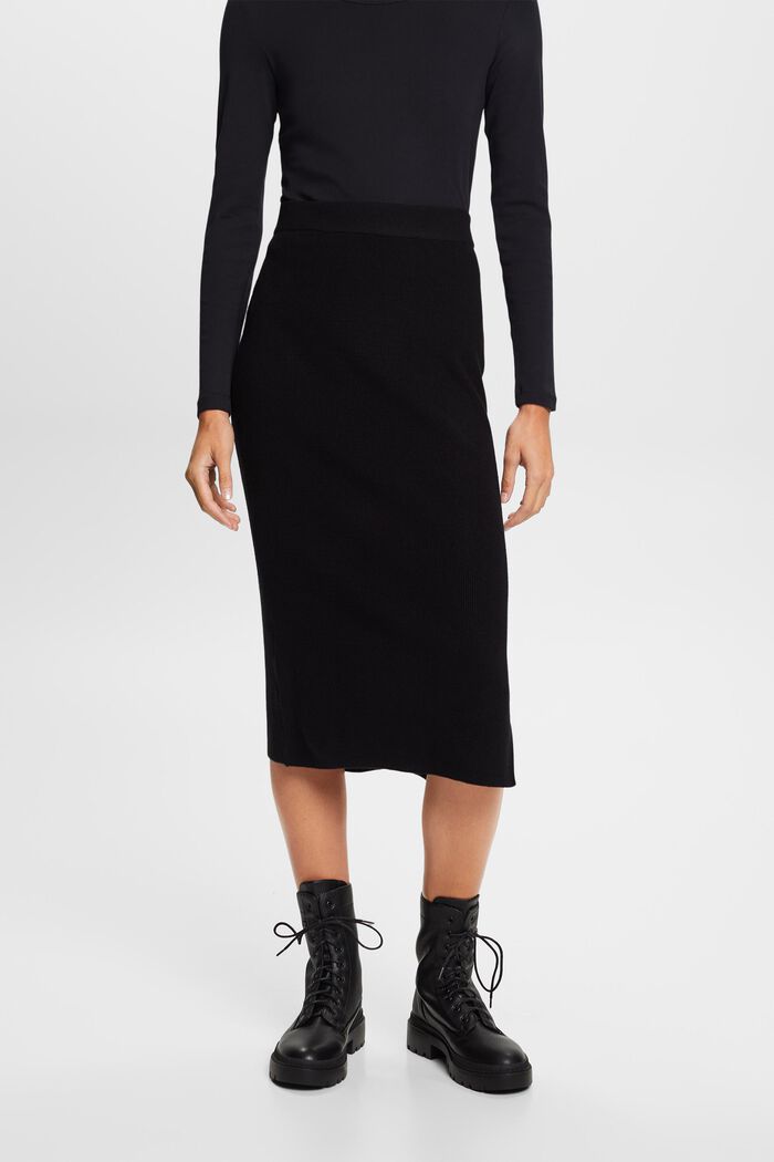 Rib-Knit Midi Skirt, BLACK, detail image number 0