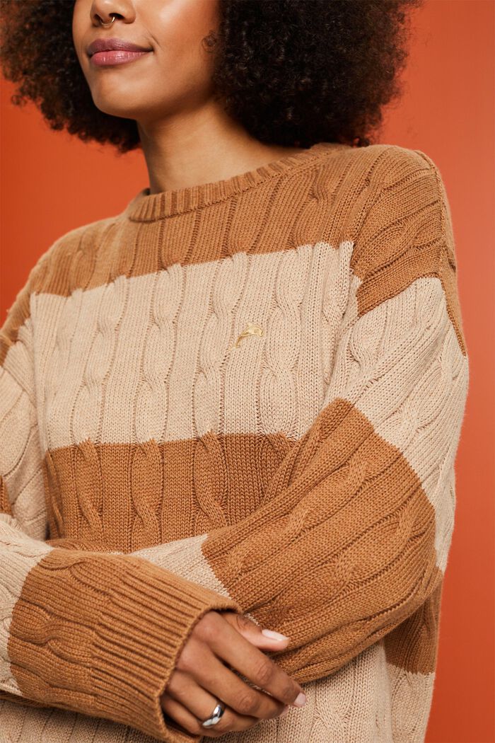 Striped Dolphin Logo Cable Knit Sweater, SAND, detail image number 2