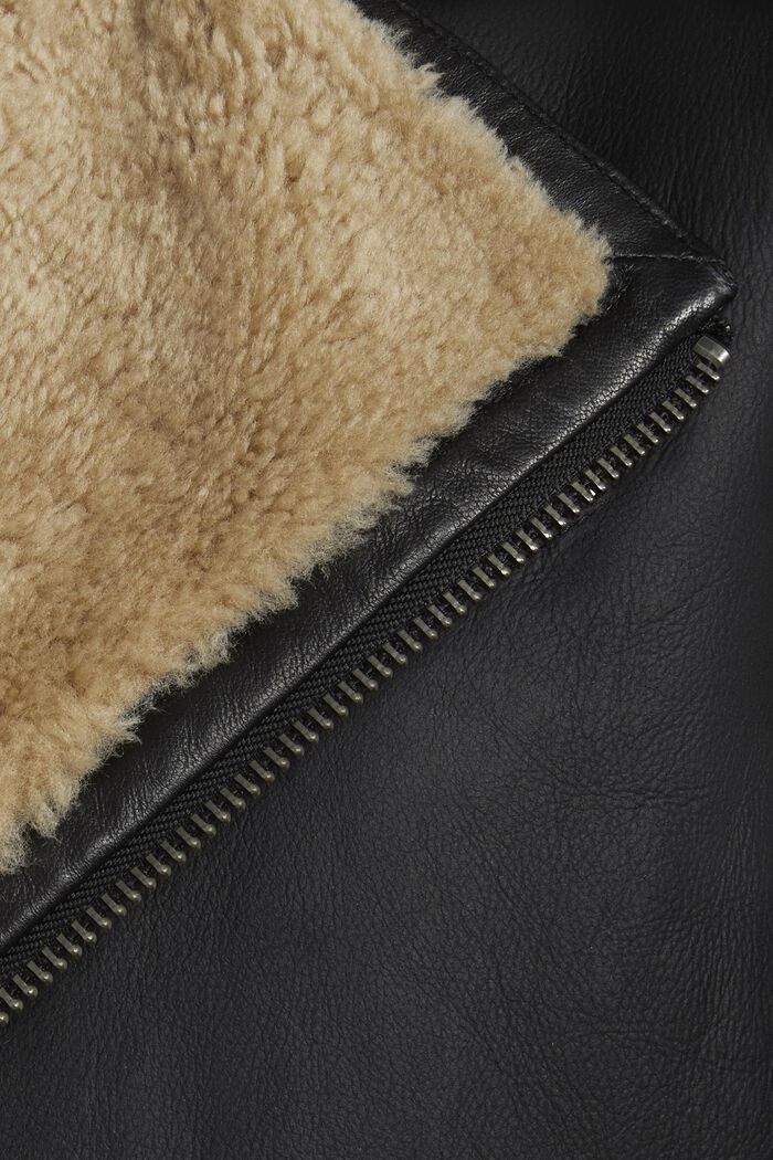 Unisex Leather Shearling Jacket, BLACK, detail image number 4