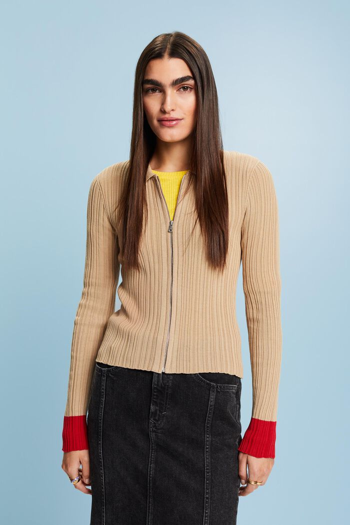 Seamless Rib-Knit Polo Cardigan, BEIGE, detail image number 2