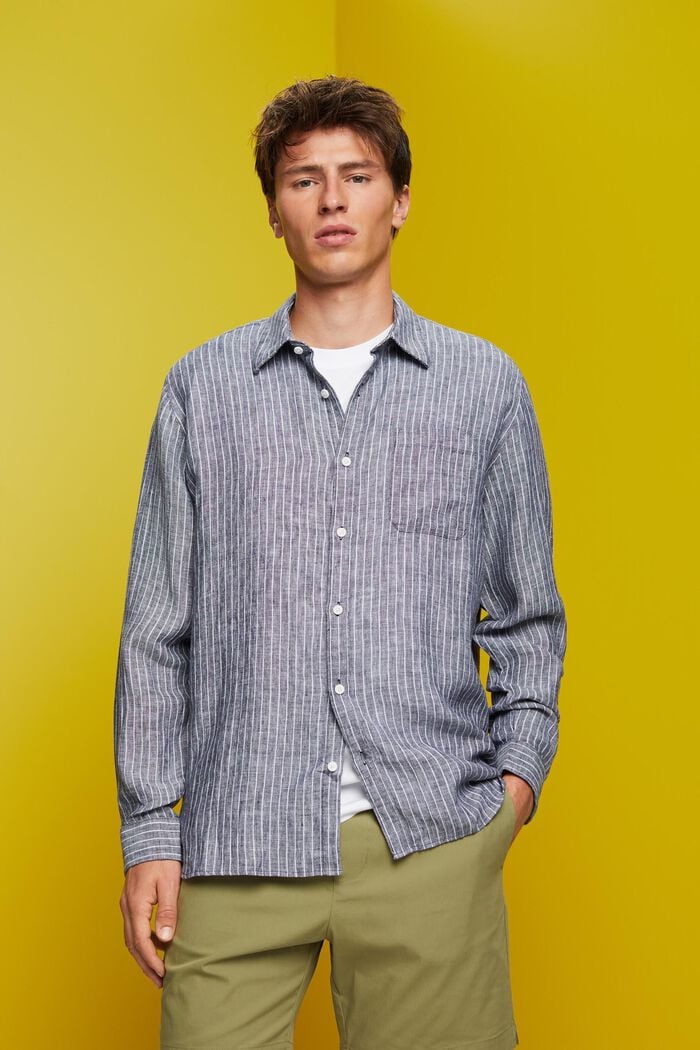 Striped shirt, 100% linen, NAVY, detail image number 0