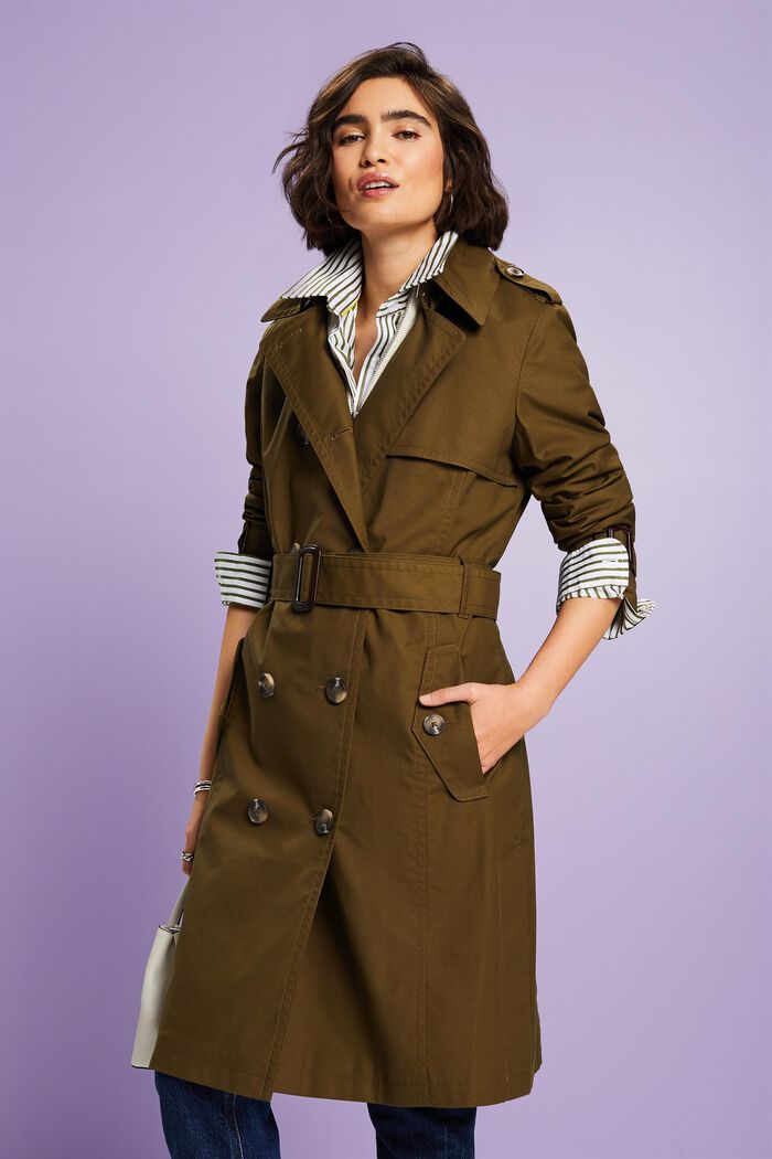 Belted Double-Breasted Trench Coat, KHAKI GREEN, detail image number 0