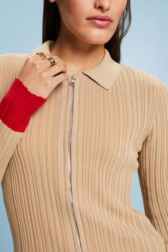 Seamless Rib-Knit Polo Cardigan, BEIGE, detail image number 1