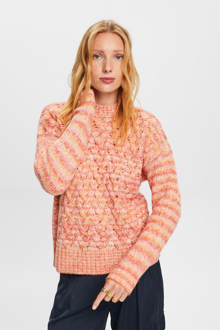 Striped Cable Knit Sweater, BRIGHT ORANGE, detail image number 1