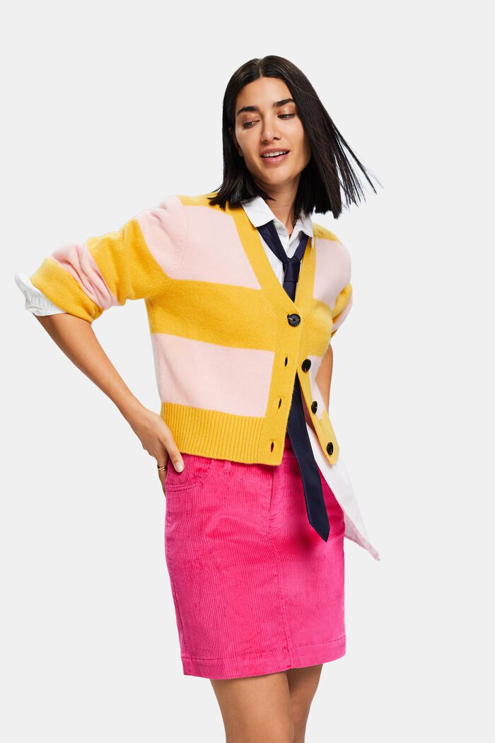 Cashmere V-Neck Rugby Stripe Cardigan, YELLOW, detail image number 0