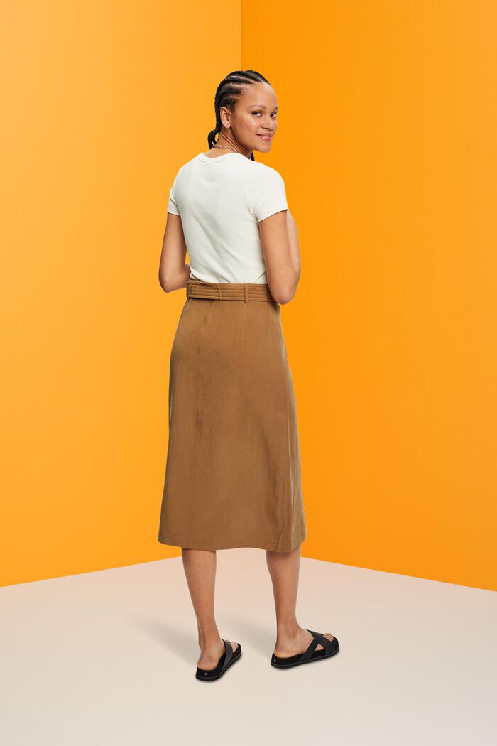 Linen blend midi skirt with belt, PALE KHAKI, detail image number 3