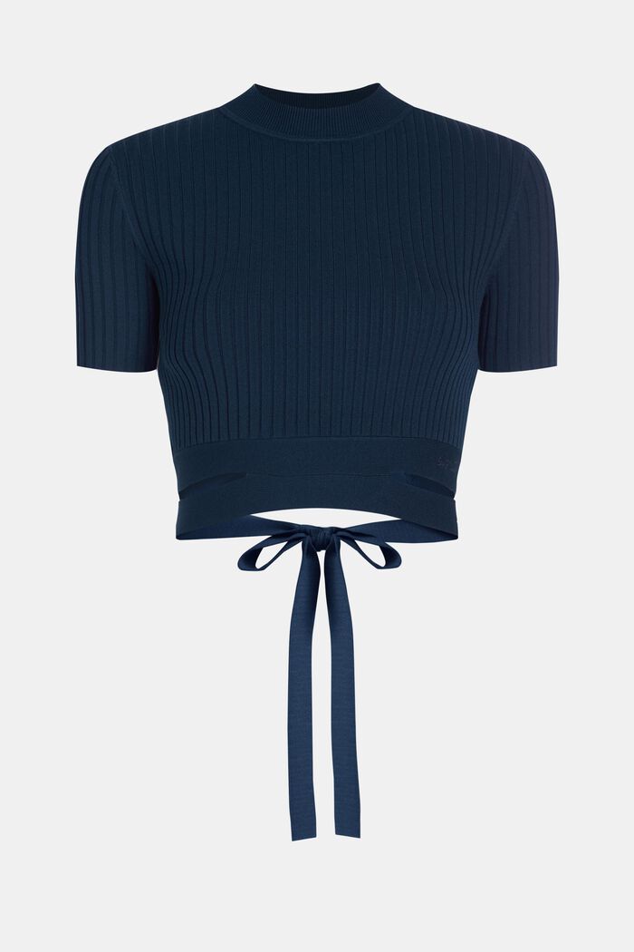 Tie Detail Ribbed Knit Cropped Top, NAVY, detail image number 5