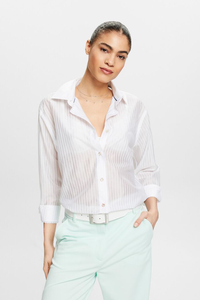 Sheer Striped Button-Up Shirt, WHITE, detail image number 4