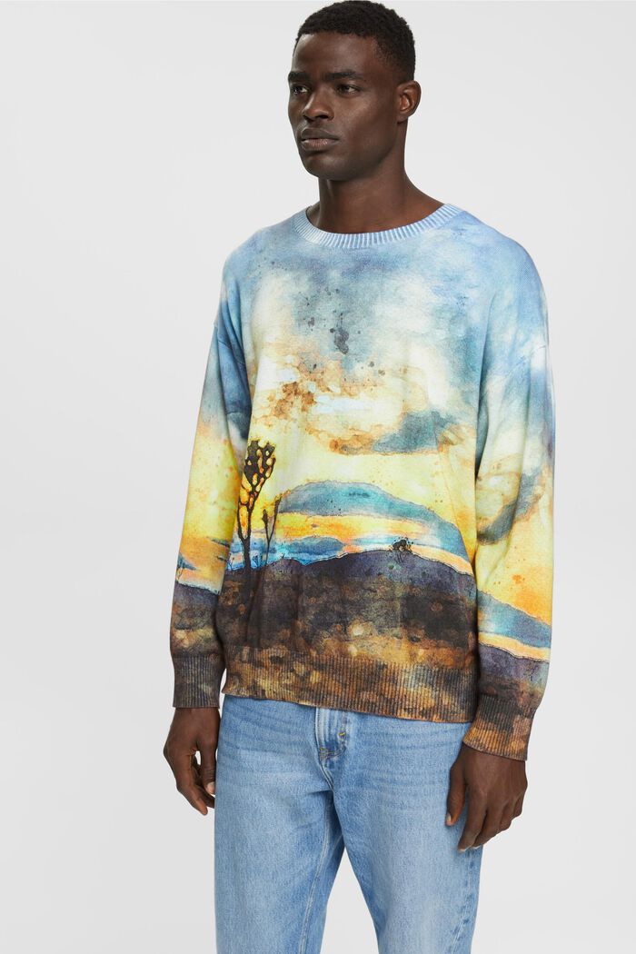 All-over landscape digital print sweater, DARK BLUE, detail image number 0
