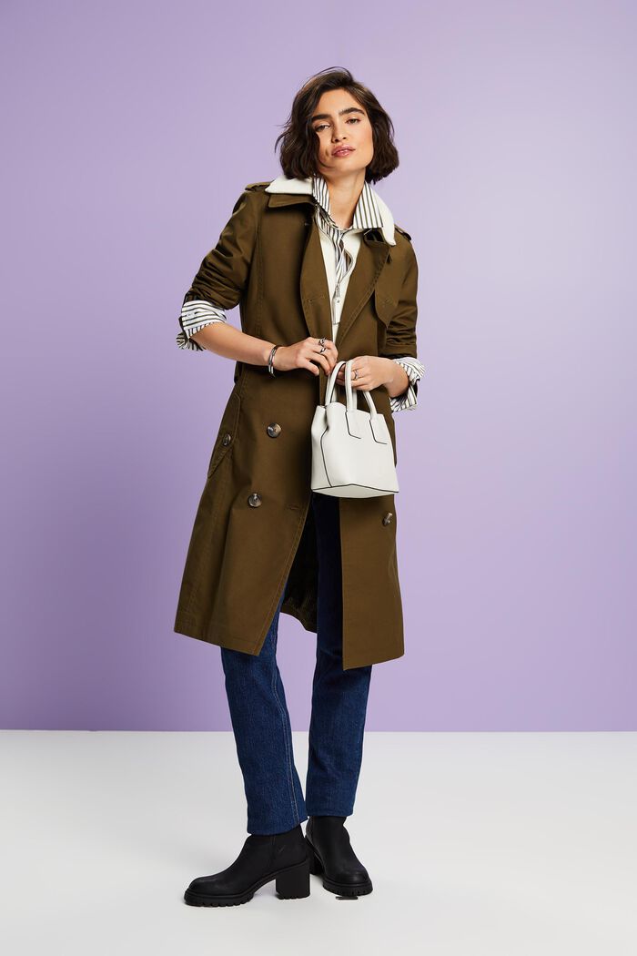 Belted Double-Breasted Trench Coat, KHAKI GREEN, detail image number 1