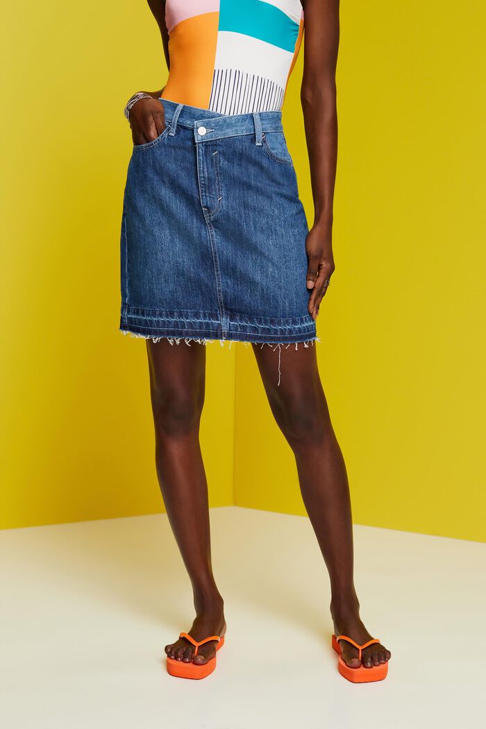 Jeans mini skirt with an asymmetric hem, BLUE DARK WASHED, detail image number 0