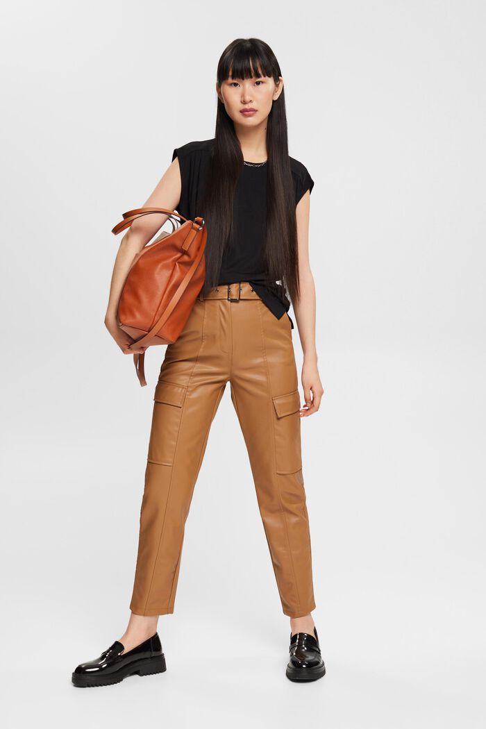 Faux leather trousers with belt, CARAMEL, detail image number 0