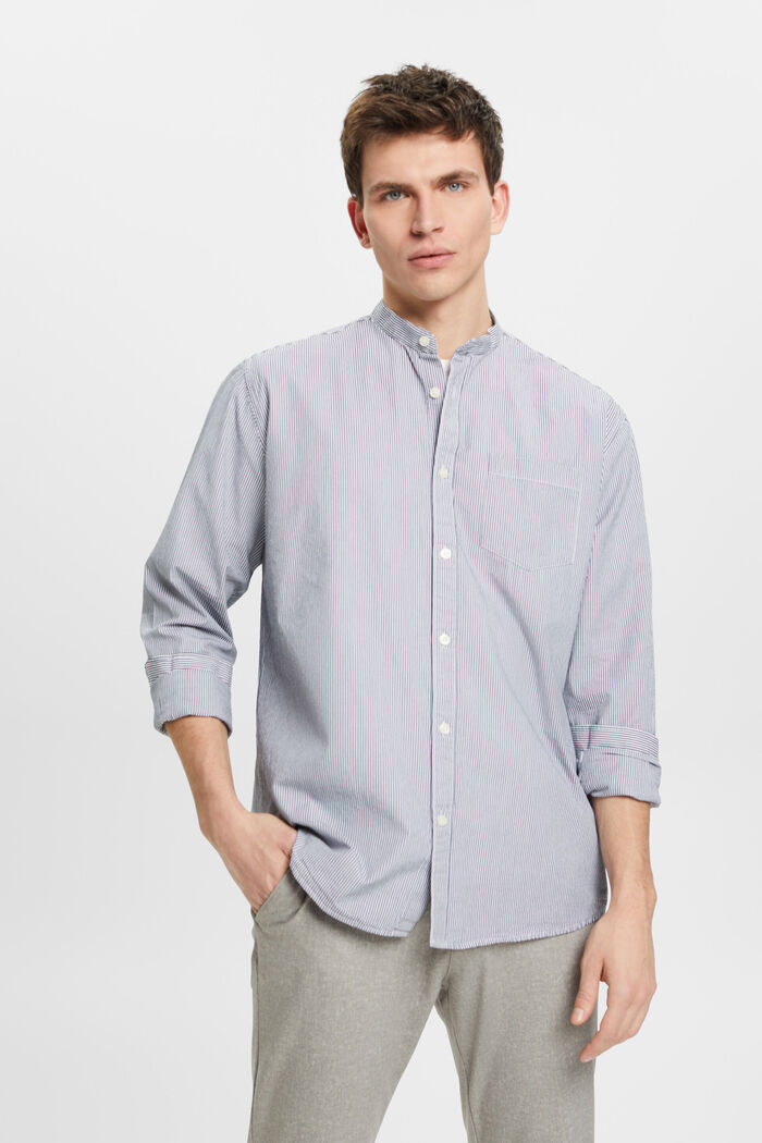 Pinstripe cotton shirt with mandarin collar, NAVY, detail image number 0