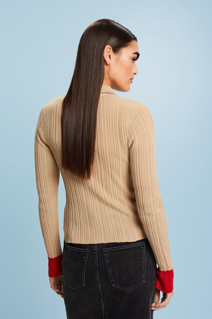 Seamless Rib-Knit Polo Cardigan, BEIGE, detail image number 4