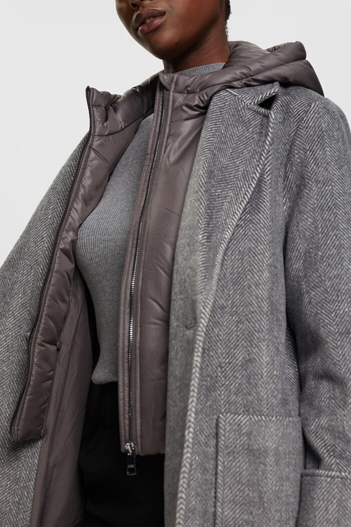 Wool blend coat with detachable hood, GUNMETAL, detail image number 4