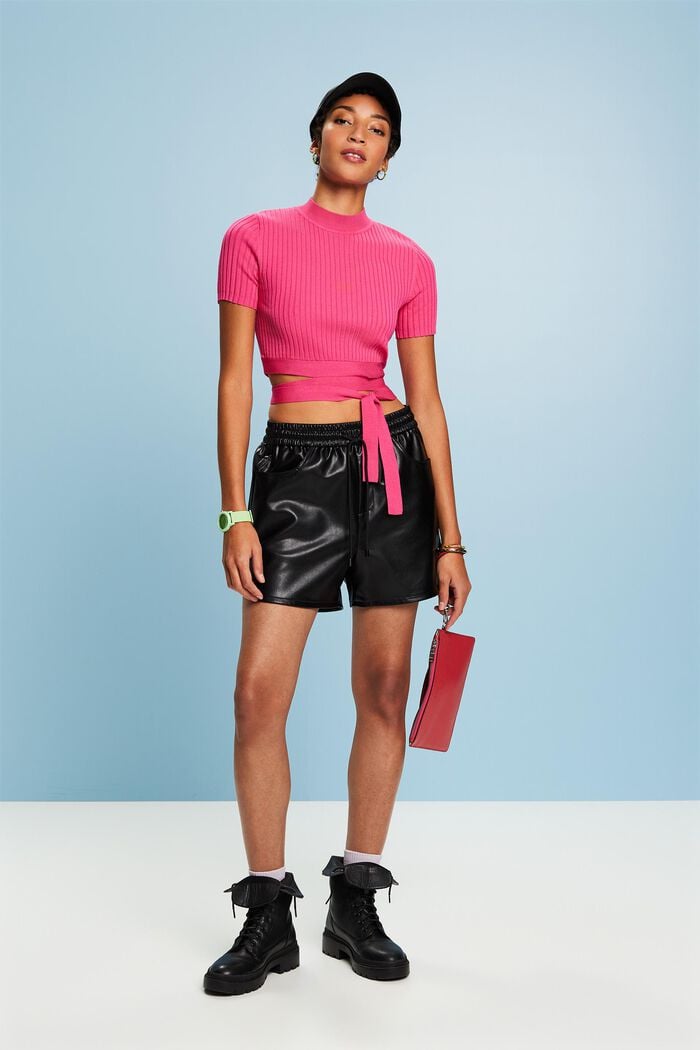 Tie Detail Ribbed Knit Cropped Top, PINK FUCHSIA, detail image number 1