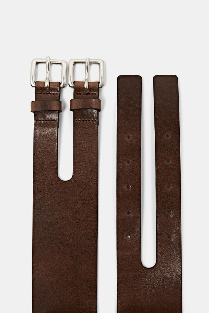 Dual Buckle Leather Belt, DARK BROWN, detail image number 1