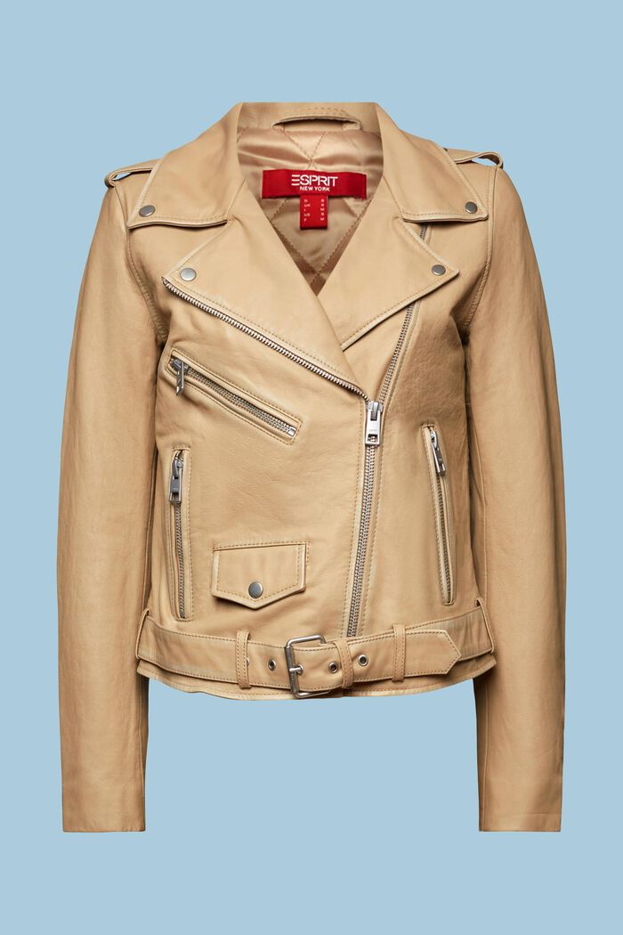 Leather Biker Jacket, BEIGE, detail image number 5