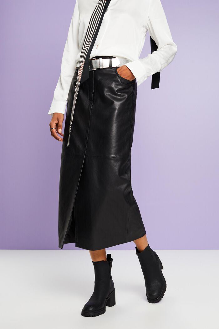 Leather Midi Pencil Skirt, BLACK, detail image number 1
