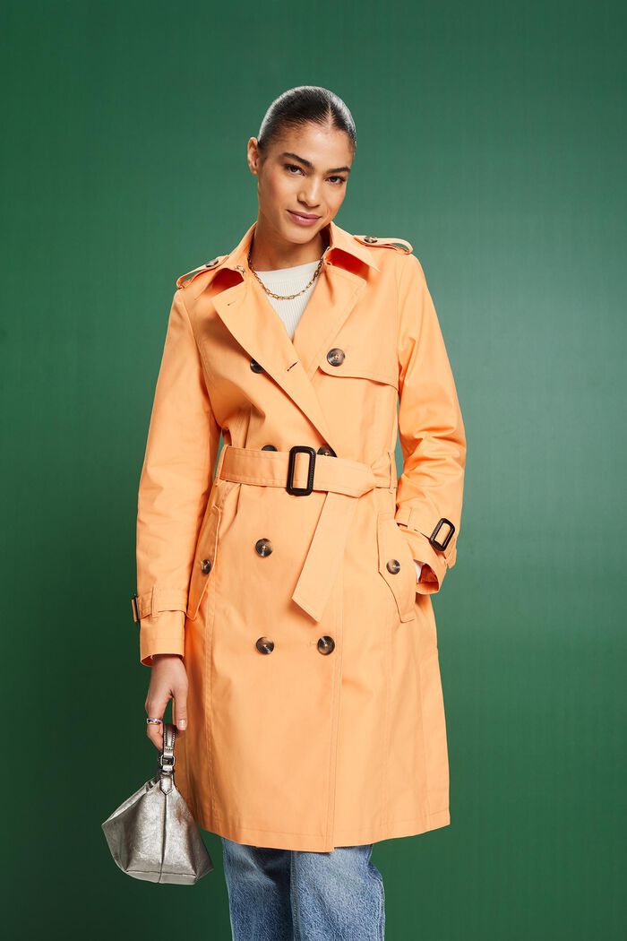 Belted Double-Breasted Trench Coat, PASTEL ORANGE, detail image number 0