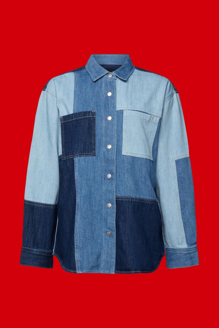 Patchwork jeans shirt, cotton blend, BLUE LIGHT WASHED, detail image number 6