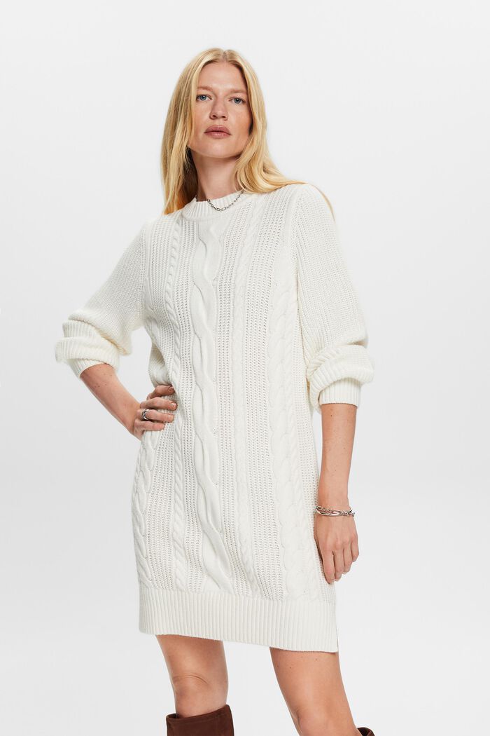 Wool-Blend Cable Knit Sweater Dress, OFF WHITE, detail image number 0