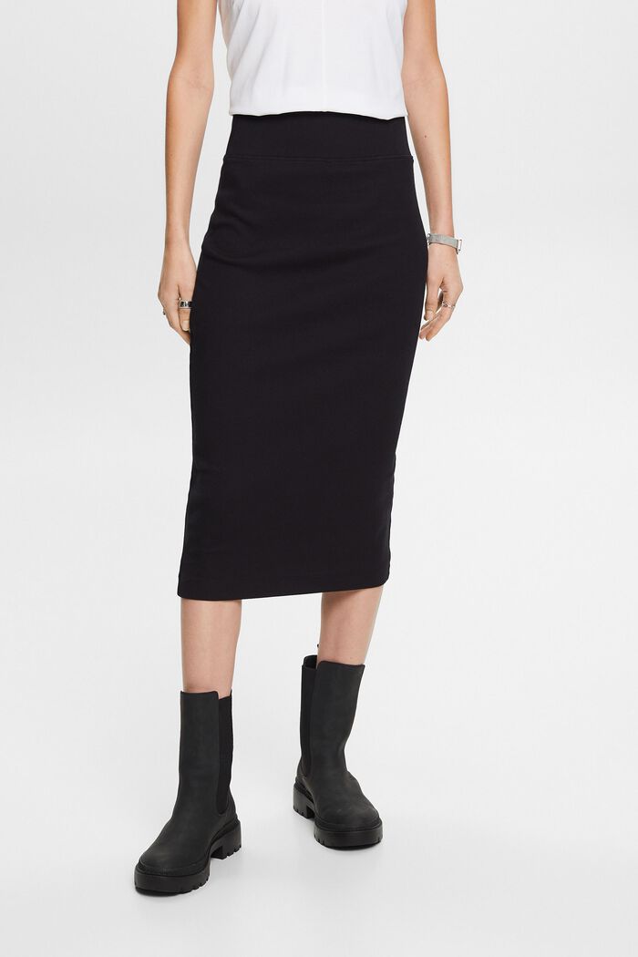 Stretch Cotton-Jersey Midi Skirt, BLACK, detail image number 0