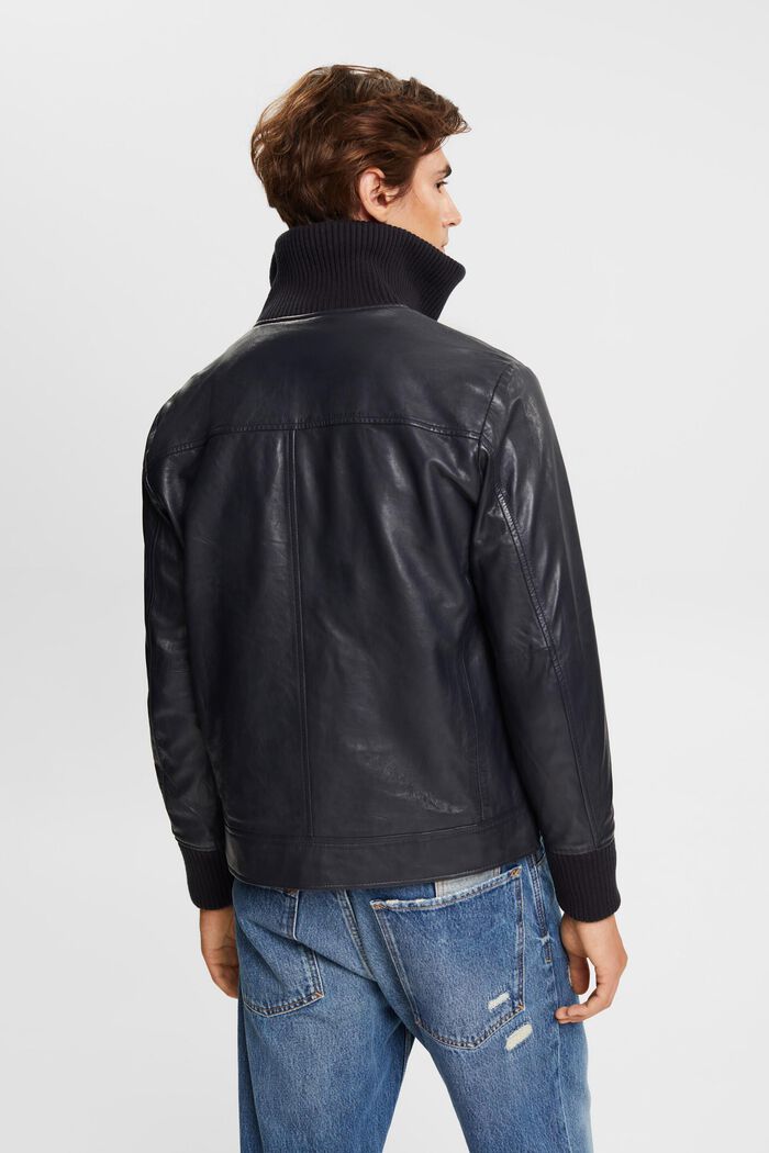 Leather jacket with rib knit collar, NAVY, detail image number 3