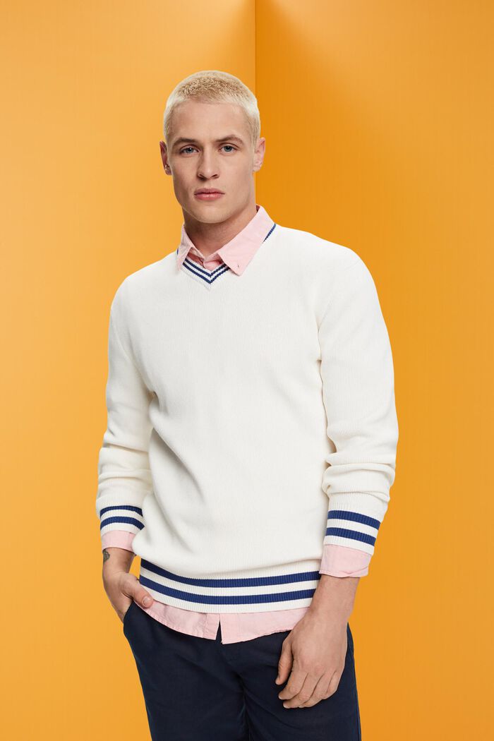 V-neck sustainable cotton jumper, OFF WHITE, detail image number 0