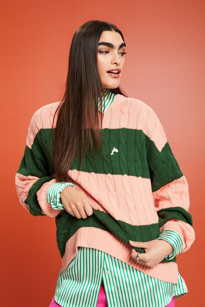 Striped Dolphin Logo Cable Knit Sweater, PINK, detail image number 0