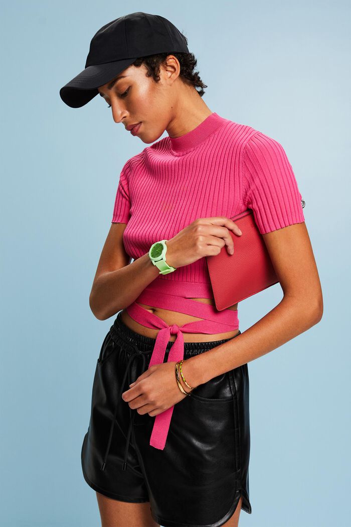 Tie Detail Ribbed Knit Cropped Top, PINK FUCHSIA, detail image number 4